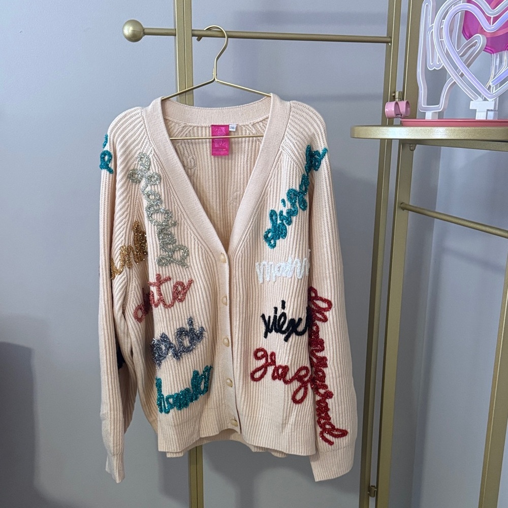 Queen of Sparkles Sz2X Embroidered Script Cream V-Neck Holiday Cardigan Sweater